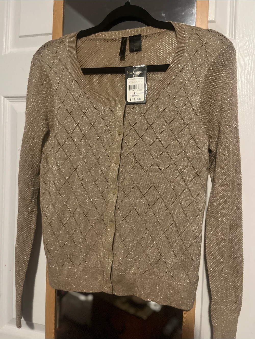 BNWT Size LP Petite Nue Options Metallic Knit Cardigan in Champagne Gold